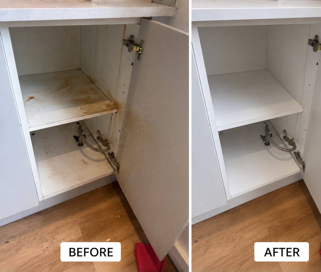 Before and after comparison of a kitchen cabinet under the sink — before on the left and after on the right