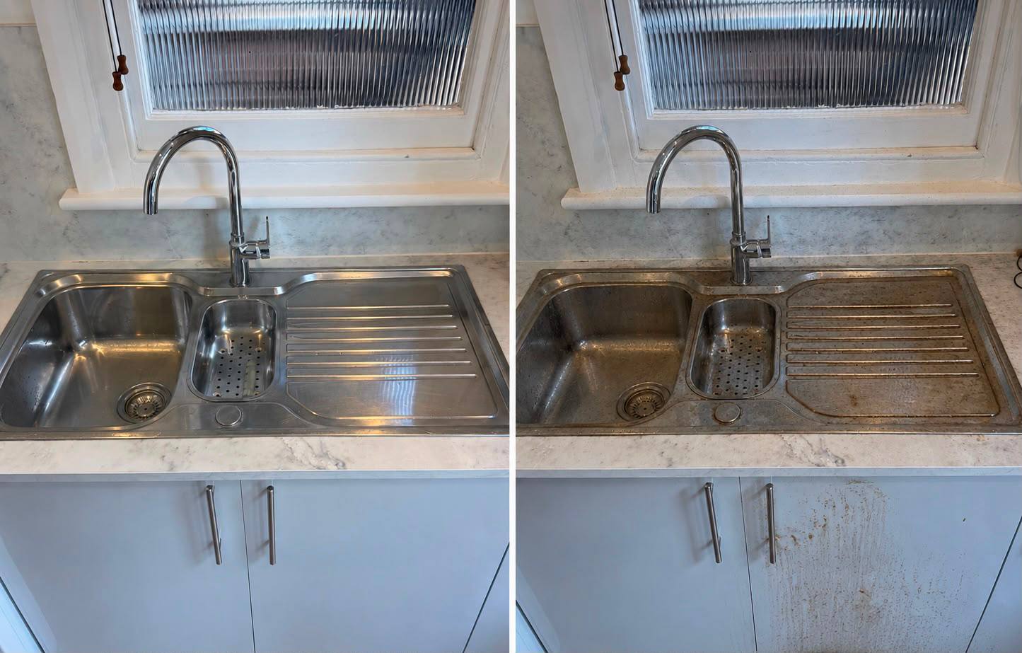 Comparison of a kitchen sink — after on the left and before on the right
