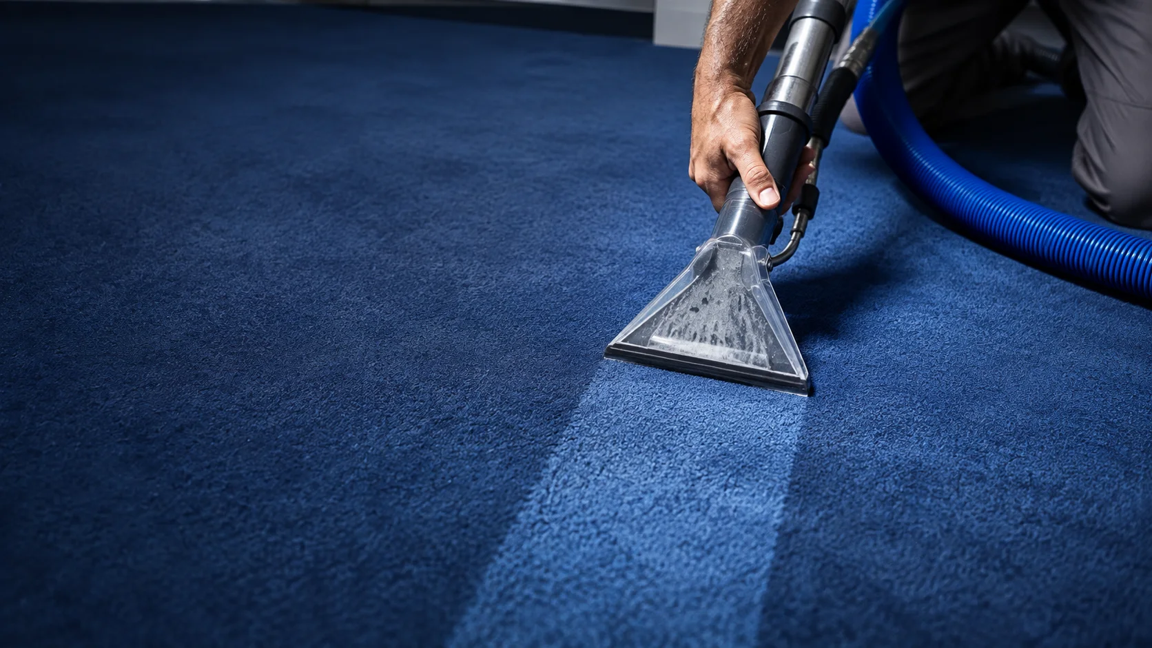 Professional hot-water extraction cleaning on a deep blue carpet